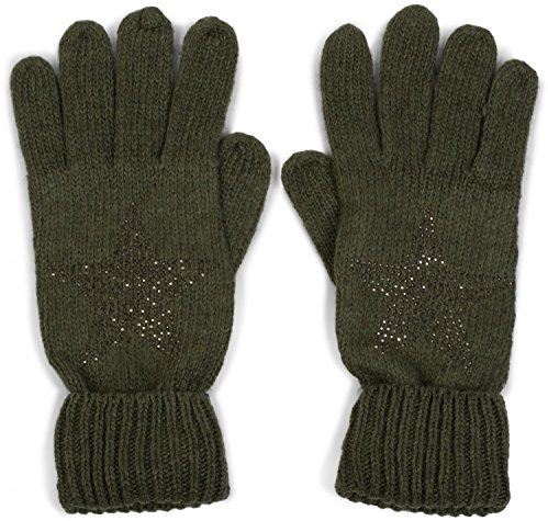 styleBREAKER Damen Strickhandschuhe mit Strass Stern Applikation | warme weiche Winterhandschuhe mit doppeltem Bund | elastische Fingerhandschuhe, Farbe:Oliv