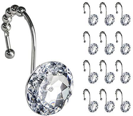 Sunlit Luxury Design Round Clear Diamond Crystal Gem Bling with Glide Balls Shower Curtain Hooks, Rust Proof Metal Rhinestones Glam Shower Curtain Rings-12 Pack