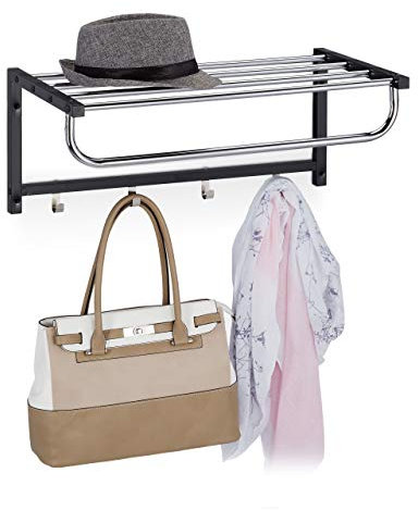 Relaxdays Wandgarderobe mit Ablage, Garderobenleiste 4 Haken, Flur & Bad, modern, Metall, HBT 25 x 60 x 32,5 cm, schwarz