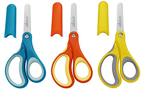 LIVINGO Kinderschere 12,7 cm für Links- und Rechtshänder, stumpfe Spitze für Sicherheit, inkl. Abdeckung, Farben: Orange, Gelb, Blau, aus Edelstahl, ideal für Basteln und Schule, langlebig und sicher.