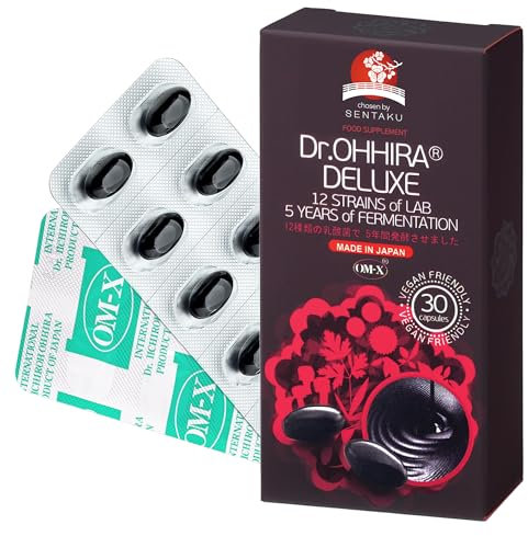 Dr. OHHIRA®Deluxe-100billion CFU- Probióticos Intestinales, Prebióticos y Postbióticos en OM-X®-5 Años de Fermentación de 12 Cultivos Bacterianos Vivos con 14 Frutas, Algas, Hongos (30 Cápsulas)