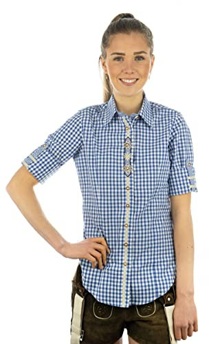 OS Trachten Trachtenbluse Tailliert Flosa, Größe:46, Farbe:Mittelblau