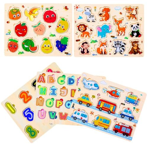 Purpledi Holzpuzzle, 5pcs Holzspielzeug ab Montessori-Spielzeug für Kinder ab 3 Jahren, Tier Holzpuzzle Puzzle Kleinkind Lernspielzeug für Kinder, Steckpuzzle für Jungen und Mädchen