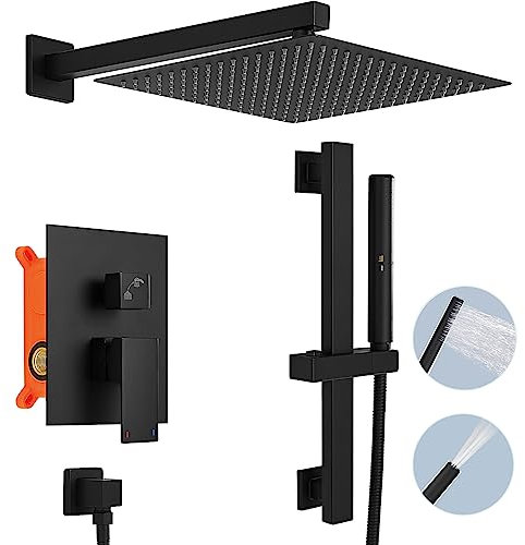 Hoimpro Mattschwarzes Duschsystem mit verstellbarer Schiebestange, 30.5 cm quadratischer Regenduschkopf und Zauberstab, Regendusche Wasserhahn Befestigung Combo Set, 2 in 1 Handbrause für Badezimmer