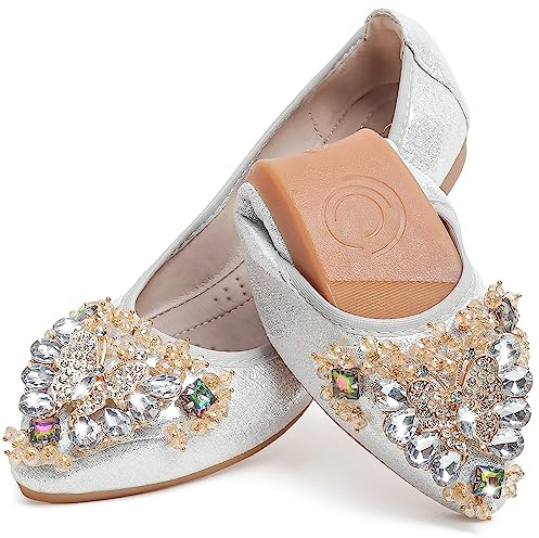 WAMBHC Silver Flats Shoes for Women Bow Rhinestone Pointed Toe Wedding Flats - Foldable Ballet Flat Slip on Flats for Women Dress Comfort - Size 7.5
