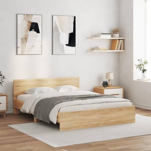 Festnight Cama 150 x 200 cm con Cabecero Estructura Cama con Somier Soporte de Láminas de Madera Base De Cama Marco de Cama Roble Sonoma