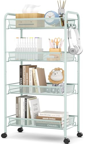 APEXCHASER 4-Tier Rolling Cart,Easy Assemble Mobile Storage Trolley On Wheels,Slide Out Utility Cart Shelving Units Kitchen Bathroom Laundry Room,Green