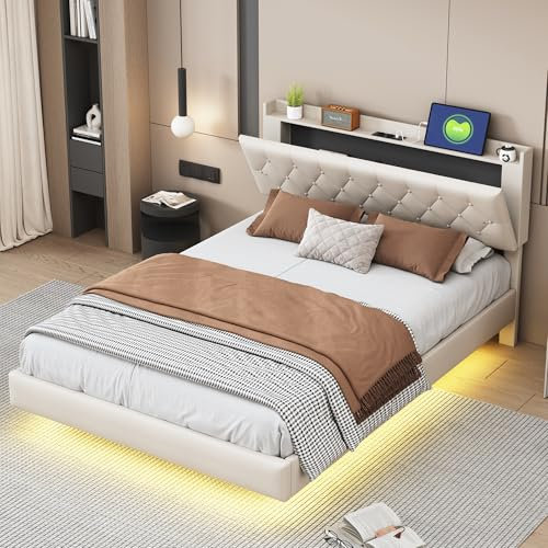 KEYIDE Polsterbett 140x200 cm mit LED-Beleuchtung und Aufladen USB, Doppelbett mit Stauraum Kopfteil und Lattenrost, Jugendbett Stauraumbett Bettgestell, Leinen, ohne Matratze (Beige, 140x200 cm)