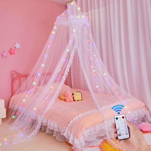 MHJY Bed Canopy for Girls Mosquito Net Kids Bed Curtains with LED Lights and Remote Control Princess Room Décor for Kids Bedroom Accessories