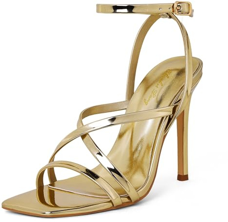Zhabtuc Fashion Women's Open Toe High Heel Sandals Strappy Ankle Strap Stiletto 4.33 Inch Heels Sexy Designs for Weddings and Parties, Gold, 7.5 UK