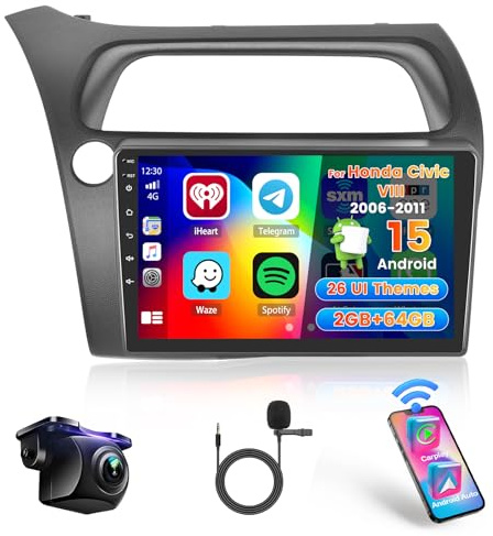 Hikity 2+64G Stereo Auto per Honda Civic VIII 2006-2011 senza fili Carplay Android Auto Mirror Link, 9 Pollici Android Stereo Radio Bluetooth con GPS WIFI FM/RDS EQ SWC MIC Telecamera Posteriore