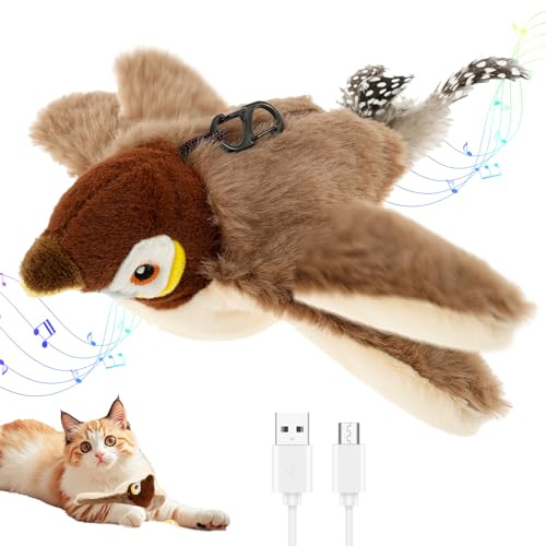 VAVPUP Juguete para gatos ave eléctrico, pájaro interactivo para gatos con menta, pájaro volador inteligente recargable, 3 frecuencias de movimiento, juguete de ave para gatos