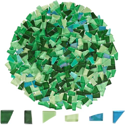 Yazikisa 500g Glass Mosaic Tiles Mixed Green Irregular Crystal Tile Pieces for Crafts Bulk Assorted Shapes Stained Scraps Hand-Cut Adult Art Hobbies DIY Projects Handmade