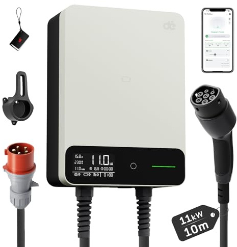 dé Typ 2 Wallbox 11kW med APP och RFID, 6-16A 3-Fas Elbil Laddare Wifi 400V med 10m Laddkabel och Kabelhållare för BEV/PHEV, RCD Typ B och IP54-Skydd, Effektiv Laddstation för Hemmet, Vit