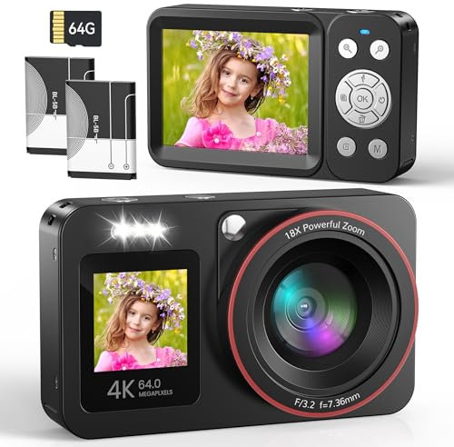 Digitalkamera 4K 64MP FHD Fotokamera für Kinder Fotoapparat 18X Digitalzoom Fotokamera Kompaktkamera mit 2 Bildschirme, 64GB SD Karte für Kinder Teenager Anfänger, Schwarz