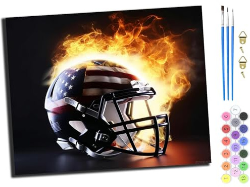WANGXIAO Paint by Numbers for Kids & Adults,DIY Acrylic Oil Painting Kits 16 x 20 inch Hand Painted Gift -Flame American Football Helmet,with Frame