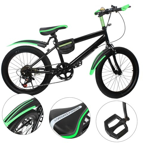 Fyssnn 20 pollici, 7 marce, mountain bike regolabile in altezza, per ragazzi e ragazze, max 85 kg, freni di sicurezza, bicicletta con parafango/borsa portaoggetti, set borraccia/campana bussola (nero