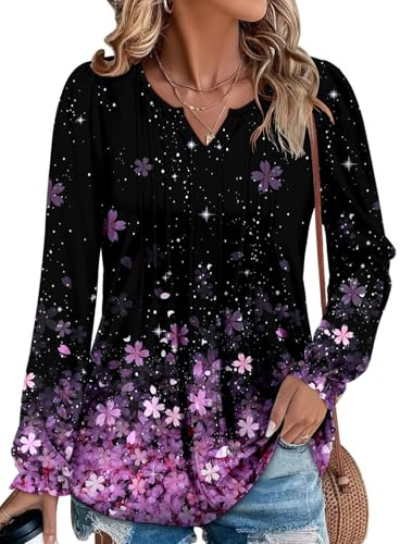 KISSMODA Womens Long Sleeve Blouses V Neck Pleated Dressy Shirt Tunic Tops | Notch V Neck, Ruffle Cuffs, Loose Fit Hem Blouse for Leggings, Casual Fashion Fall Winter Outfits