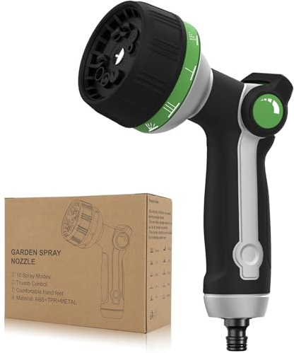 Metal Hose Pipe Spray Gun Heavy Duty Hose Nozzle with 10 Adjustable Spray Patterns,High Pressure Garden Hose Spray Gun Thumb Control On Off Valve for Lawn & Plant Watering, Car & Pet Washing