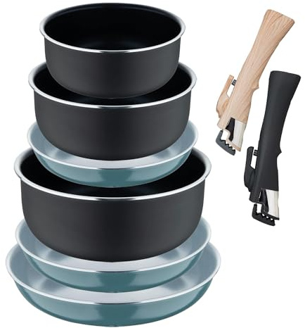 Set de 3 poêles Ø18Ø20Ø24cm avec poignée amovible couleur verte + 3 casseroles Ø16Ø18Ø20cm avec manche amovible noir -Aluminium pressé Click&Cook Bergner