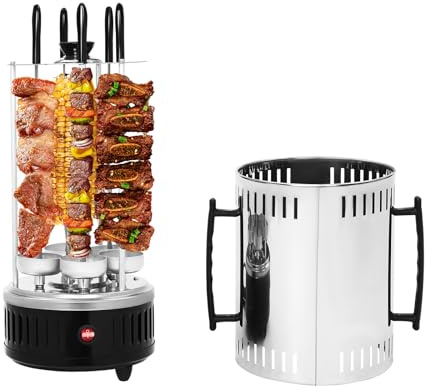 Vertikal elektrisk grill, 1 000 W, Kebab-grill, 400–500 °C, vertikal elektrisk grill, grillgrill med 5 spett och 5 fettuppsamlingsskålar för kebab, shawarma