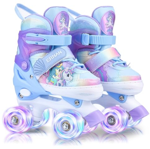 ERNAN Pattini a rotelle per bambini, scarpe da pattinaggio con 8 ruote luminose e 4 misure regolabili. Pattini a rotelle per bambini principianti, adatti per interni ed esterni (Sirena Viola, Taglia S