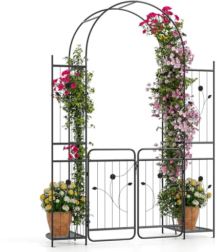COSTWAY Arco de Jardín con Puerta, Estantes para Macetas, Enrejados para Trepadoras, Arco Metálico para Plantas Trepadoras de Exterior, Rosa Trepadora, Arco para Bodas y Fiestas, 163 x 50 x 220 cm