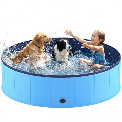 Piscine Chien Pliable 160x30cm en PVC, Piscine Enfant Stable et Antidérapant, Piscine Portable pour Grand Chien et Animaux de Compagnie Bleu