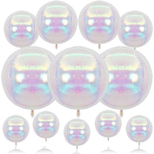 12-pack iriserande folieballonger, klara sfäriska holografiska ballonger i olika storlekar, perfekt för att dekorera födelsedagsfester, bröllop och havstema baby shower-fester