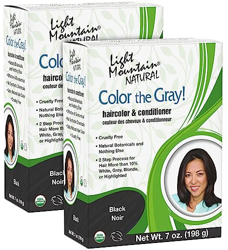 Light Mountain Henna Hair Color & Conditioner, Color The Gray - Black Hair Dye for Men/Women, 2-Step Chemical-Free, Semi-Permanent Hair Color for White, Silver, and Blonde Hair, 7 Oz (Pack of 2)