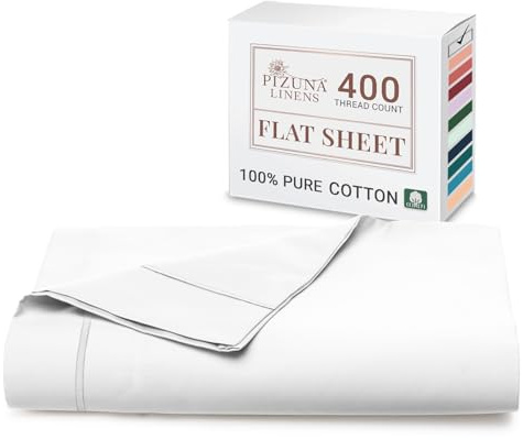 Pizuna 100% Cotton King Size Flat Sheet White, 400 Thread Count Long Staple Cotton Flat Sheet King Size 275x280 cm, Soft Sateen Weave Top Sheet