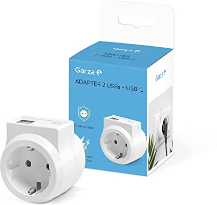 Garza - Adaptador enchufe con 1 Toma Schuko + 2 Puertos USB + 1 Puerto USB C, Protección infantil, Blanco