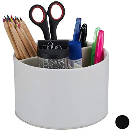 Relaxdays Stiftehalter, rund, 3 Fächer, Stiftebox für Zuhause und Büro, Lederoptik, Organizer HxD: 11,5 x 16 cm, creme