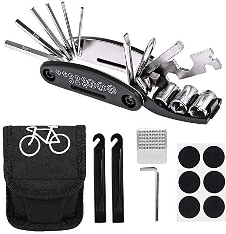 Fahrradwerkzeug Reparatur Set 16 in 1 Multifunktionales Fahrrad Werkzeug Set mit Tasche Enthält 2 Reifenheber, 6 Aufnäher, Metallraspel und Zusätzlicher Inbusschlüssel