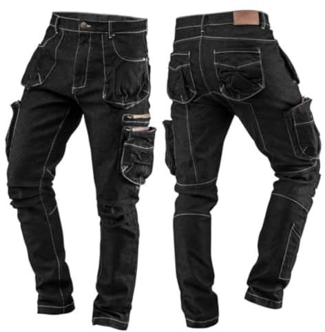 NEO TOOLS 5-ficks arbetsbyxor denim, svart, 98 % bomull, 2 % elastan, multifunktionella och rymliga fickor, komfortinsats i grenen och under knäet, profilerat knän, storlek L (L)