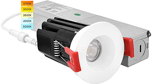 LUXRITE 1 Inch LED Recessed Lighting with Junction Box, 7W, 5 Color Selectable 2700K-5000K, CRI 90, 500 Lumens, 30° Spotlight, Small Dimmable Downlight, Wet Rated, IC Rated