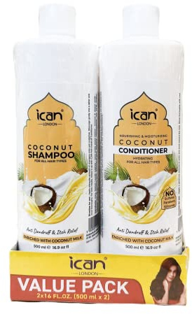 ican London Coconut Enriched Anti Dandruff, Itch Relief Shampoo & Conditioner DUO PACK 500ml X 2