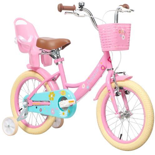 Glerc 16 Zoll Kinderfahrrad für 4 5 6 7 Jahre alte Kleine Mädchen niedliche Fahrräder mit Korb Stabilisatoren und Glocke, Rose