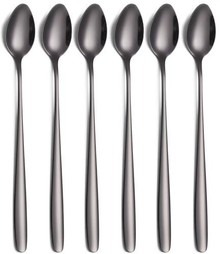 Tiokin Latte Macchiato Löffel Set, 6-teilig Schwarz, 19.8 cm langem Griff Mixing Ice Cream Rührlöffel aus Edelstahl Ideal für Eiskaffee Eistee Milchshake Eisbecher kühles Trinken