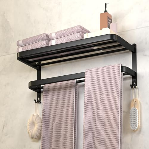 DDS-DUDES Portasciugamani neri per mensola asciugamani da bagno con doppie barre porta asciugamani da parete per lavabo con ganci in acciaio inox per hotel (nero opaco 38,1 cm)