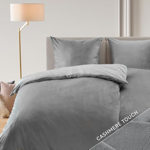 Blumtal Bettwäsche 135x200 cm Cashmere-Touch Plüsch 2er Set - Oeko-TEX zertifizierte Bettwäsche warm 135x200 2X + Kissenbezug 80x80 2X - Bettwäsche 135x200 4teilig Winter - Plüsch-Bettwäsche Grau