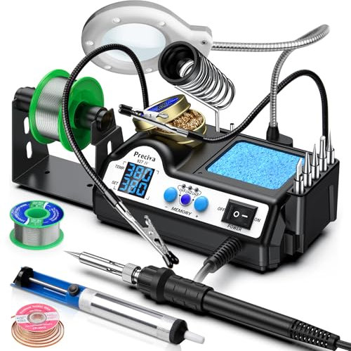 Lötstation, Preciva 927 IV 60W Lötkolben mit 2 helfenden Hände und Lupe Displayanzeige, Temperatur einstellbar 90~480°C, Standby-Modus Lötset für Hobbylöten