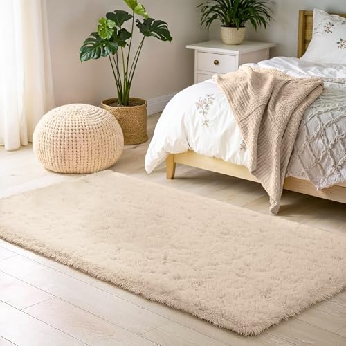 BeimoTappeto Salotto Pelo Alto Morbido, Shaggy Lavabile, Tappeto Camera Da Letto, Antiperdite, Ingresso Interno, Antiscivolo per Soggiorno, Beige, 80x150cm