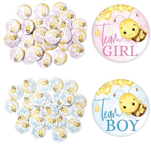 JarThenaAMCS 50Pcs Bee Gender Reveal Button Pin Team Girl Boy Button Pink Blue Cute Metal Pin Badge for Baby Shower Party Favor Game Supplies, 1.5 Inch