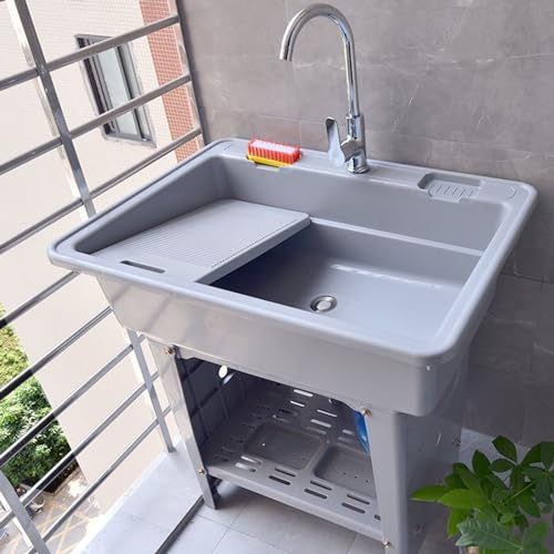 Évier à linge utilitaire en plastique autoportant, baignoire à linge pour évier extérieur, station de lavage portable pour les mains avec planche à laver et robinet d'eau froide/chaude pour jardin