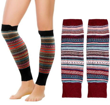 VEGCOO 2 Pairs Women Leg Warmers, Ladies’ Knitted Leg Warmers, Bohemian Winter Knee Warmers, Wool Knee High Boot Cuffs Socks for Women Girls (Black+Red, one size)
