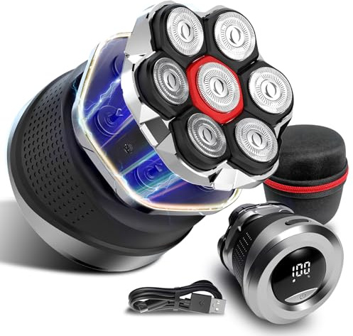 Afeitadora Cabeza Hombre, Portátil Maquina Afeitar Hombre para Calvo, 7D Cabezales Maquina para Afeitar Cabeza en Seco y Húmedo con Pantalla LED, USB-C, IPX7 Impermeable (Negro)