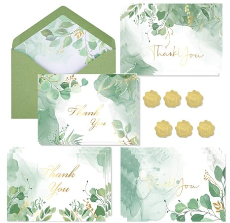 SGERUFZ 12 Tarjetas de Agradecimiento con Sobres de Papel Verde Modernos, 4 Diseños en Total, 12 Tarjetas de Plantas Verdes, 12 Sobres, 12 Pegatinas Doradas con Forma de Corazón
