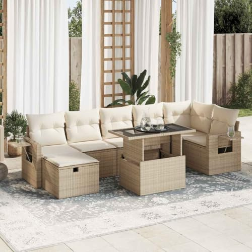 JHQHSM Set di 8 divani da giardino con cuscino, beige, polyrattan, design modulare con vano portaoggetti e sacchetto impermeabile, ripiano pieghevole con molla a gas, rivestimenti rimovibili, durevole