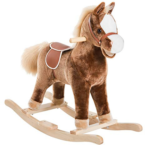 HOMCOM Kids Children Plush Rocking Horse Wooden Base Ride On Toy Rocker with Handle Grip Traditional Toy Fun Gift for Age 3+ (Brown)